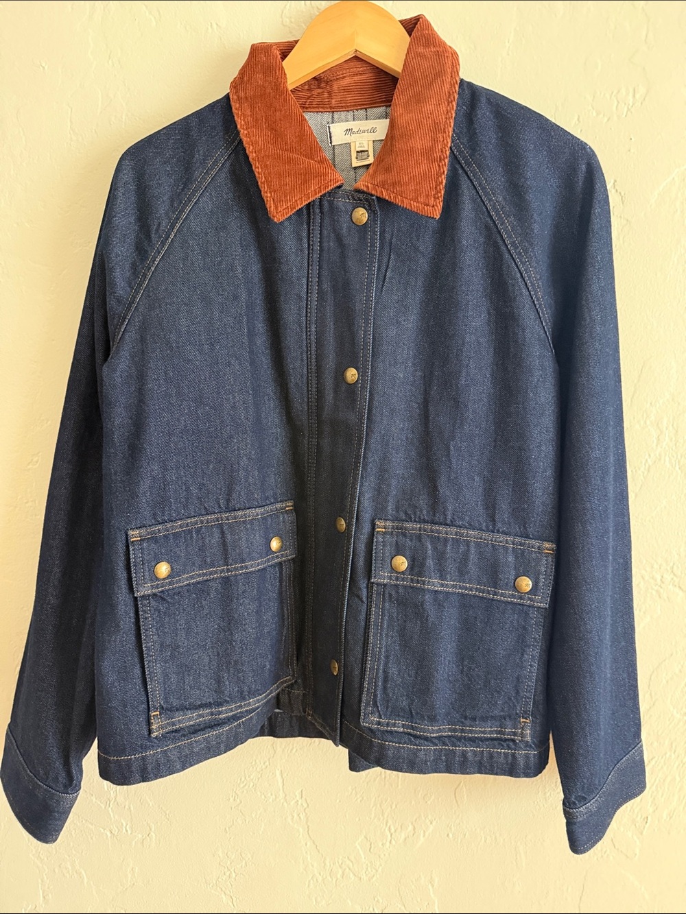 Madewell Dark Wash Denim Jacket with Rust Corduroy Collar - Picture 1 of 13